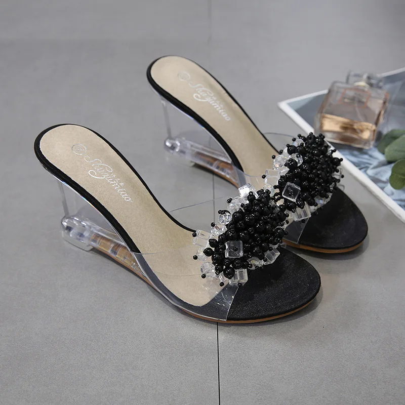 Women Crystal Sandals Wedge Slippers Female Summer Sexy Crystal Transparent 8CM High Heels Glass Rhinestone Slippers Size 34-43