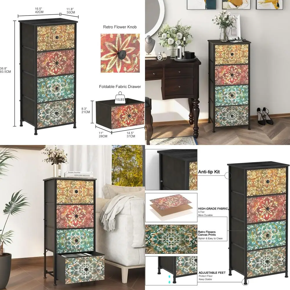 

Boho Mandala 4-Drawer Dresser: Compact Storage for Small Spaces, Bedroom & Living Room