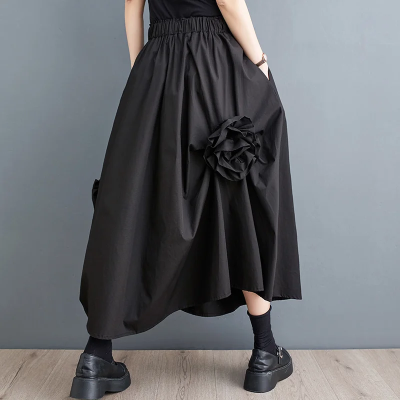 #3012 Spring Summer Black Vintage Midi Skirt Women Irregular A-line Skirts Spliced Floral Elastic High Waist Skirts Gothic Loose