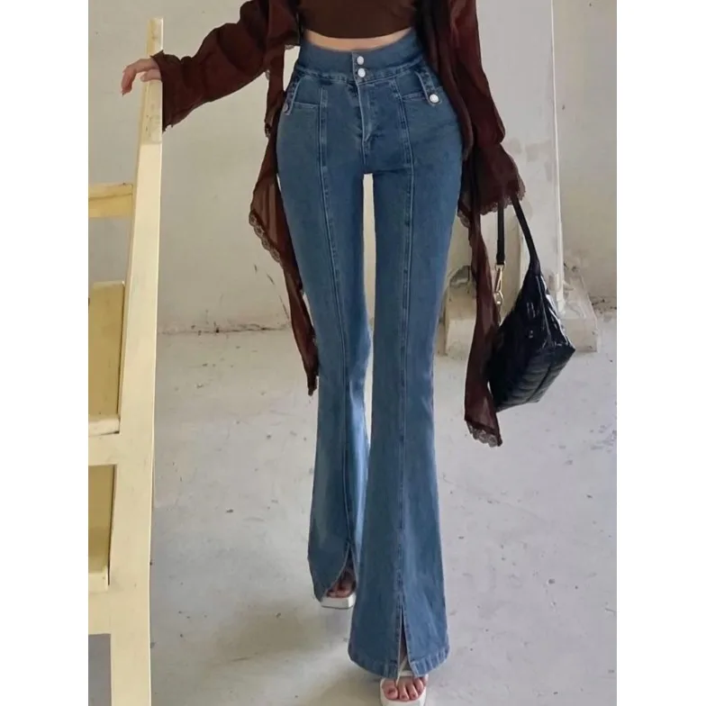 High Waist Chic Autumn Design Slimming Split Design Micro Flared Jeans Long Pants Women's Fashion Casual Straight Leg Jeans