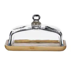 Bamboo Cake Plate Decorative Serving Platter with Glass Cover Cupcake Display Plate for Fruit Sushi Appetizer Snacks Decoration