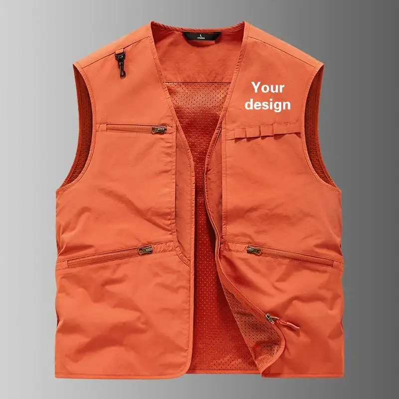 

Outdoor V-neck Quick Drying Vest Men Multi Pocket Fishing Workwear Jacket Vest Printed Logo Mountaineering Sleeveless Jacket