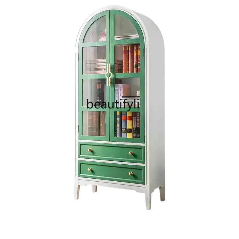 American solid wood bookcase, green storage, arched glass door storage, French style, display cabinet