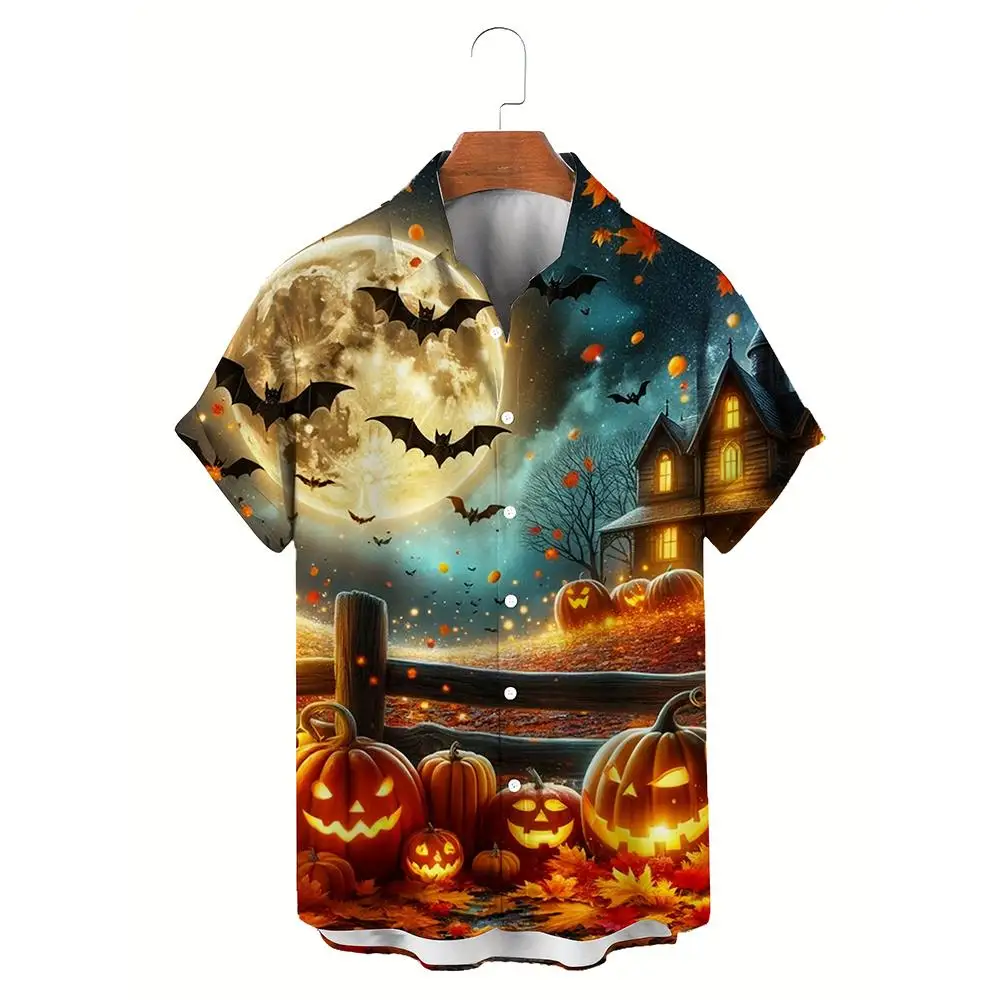 Festival Street Horror Pumpkin Graphic Shirt Halloween Party Casual Fashion Trendy Tops Unisex Breathable Lapel Buttons Blouse