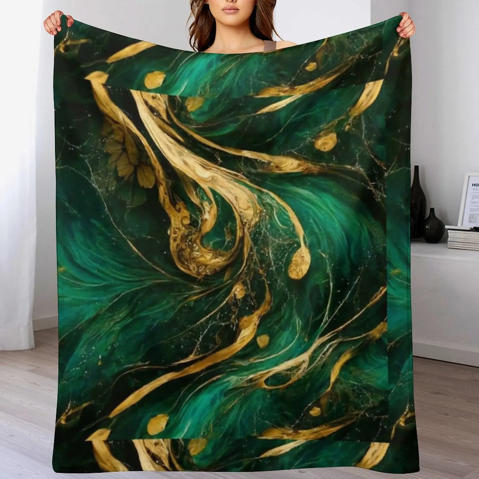 

Emerald green and gold flowy marble print Throw Blanket Plaid blankets ands Flannel Fabric Sofa Blankets