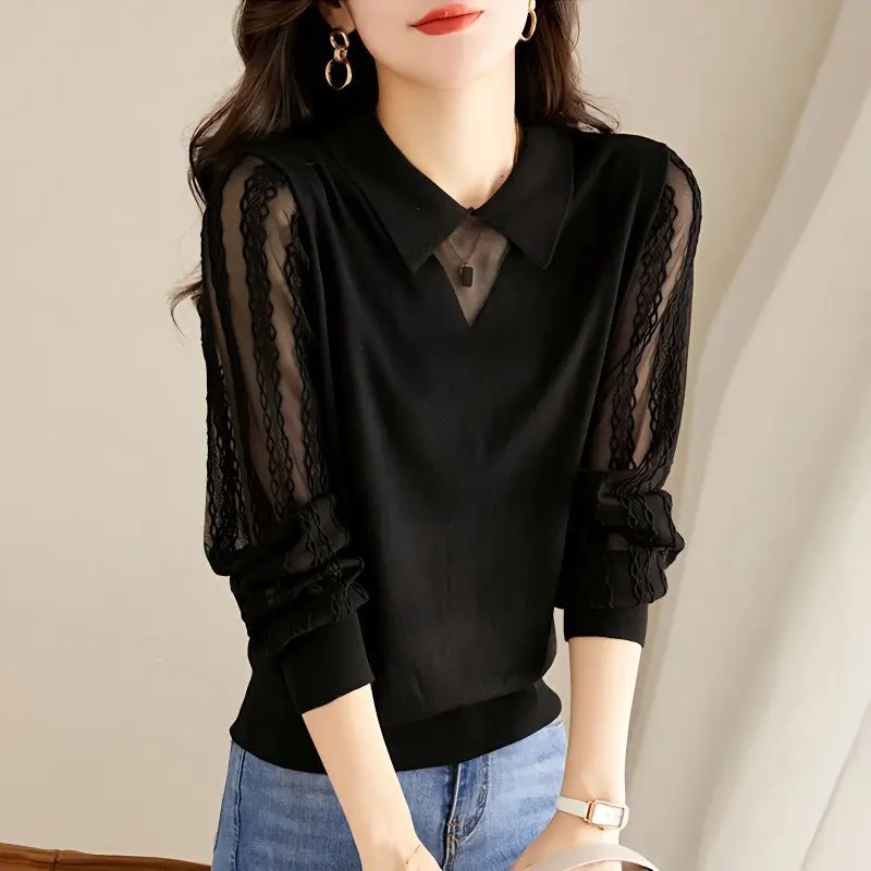 2023 Spring and Autumn Pure Desire Sweet Cool Style Doll Neck Spliced Lace Jacquard Hollow Loose and Versatile Knitted Sweater