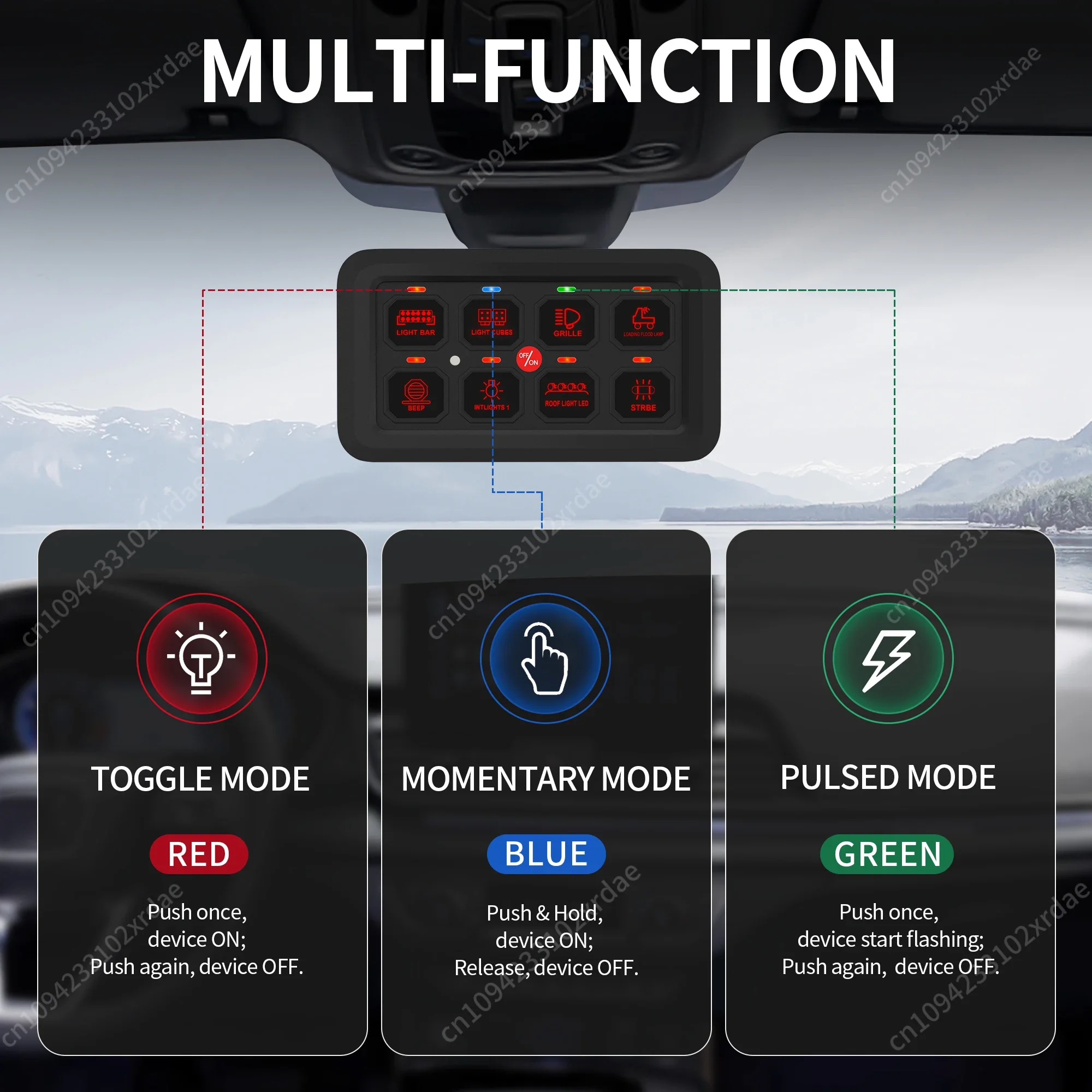 

New 8 Gang Switch Panel Automatic Dimmable Switch RGB Back Light Panel Strobe Momentary Universal Circuit Control Relay System B