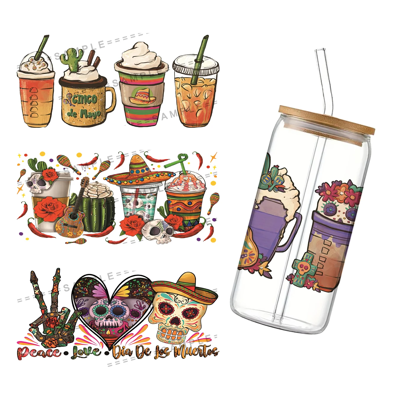 Mexican style UV DTF Cup Wrap for 16Oz Libbey Glass Can DIY Transfer Sticker