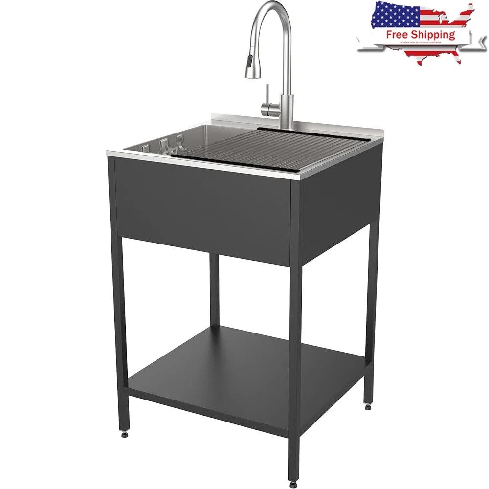 

24 Inch Utility Sink Kit with Washstand Pull Down Faucet Magnetic Accessories Indoor Outdoor Use Stainless Steel Design