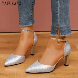 Glitter Point Toe Ankle Strap Pumps Mid Hollow Single Shoes Silver Party Wedding Shoes Small Thick Heel High Heels Small Size 33