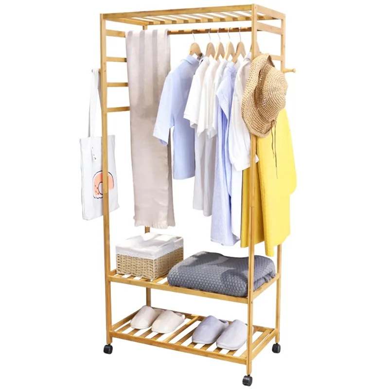 Portable Bamboo Wardrobe with Wheels: Heavy Duty Wooden Hanger with 3-level Storage Shelf for Bedroom, Living Room