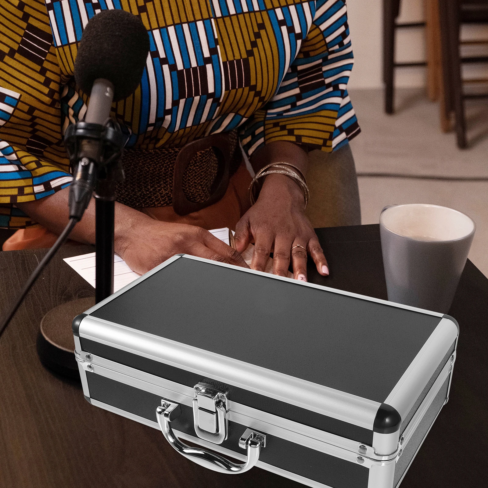 Microphone Box Wireless Storage Case Carrying Protection Metal Holder Travel Adjustable Foam Black Durable Hard Shell
