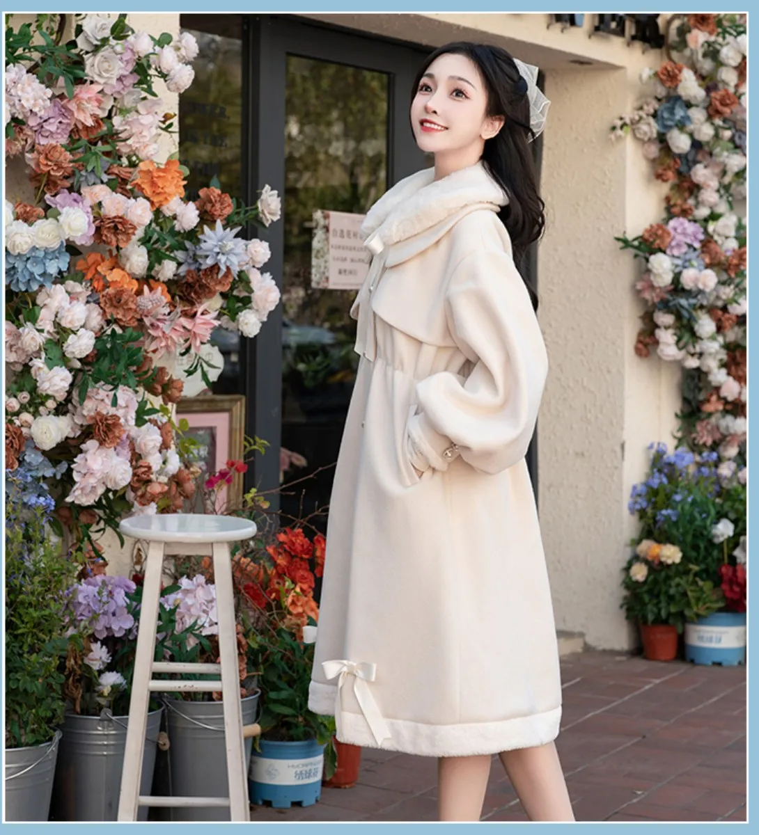 College Style Winter Warm Thicken Jk Uniform Lolita Solid Color Coat Plush Peter Pan Collar Pearls Button Ribbon Bowknot Coat