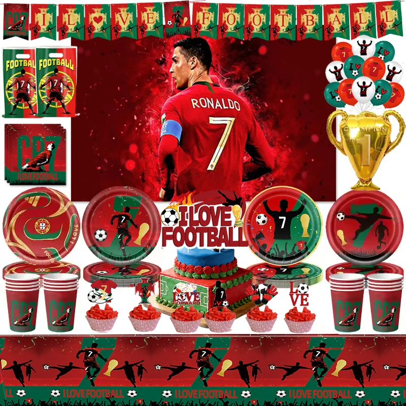 Fußball-Geburtstagsparty-Dekoration CR7 Teller-Becher-Set Jungen-Geschenke Fußballfans Foto-Requisiten Hintergrund Ballon Tortendekoration Geschenktüte – Detail 9