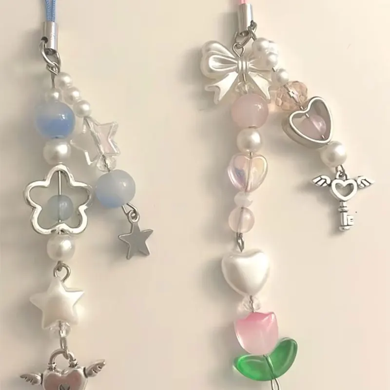 Blue and pink phone charm tulip angel keychain