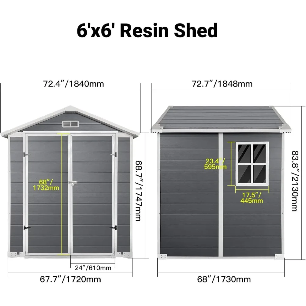 6x6 피트 야외 창고 (잠금 가능한 문 및 바닥 포함), 모든 날씨에 견디는 회색 플라스틱 정원 창고 (뒷마당, 파티오, 잔디밭용)