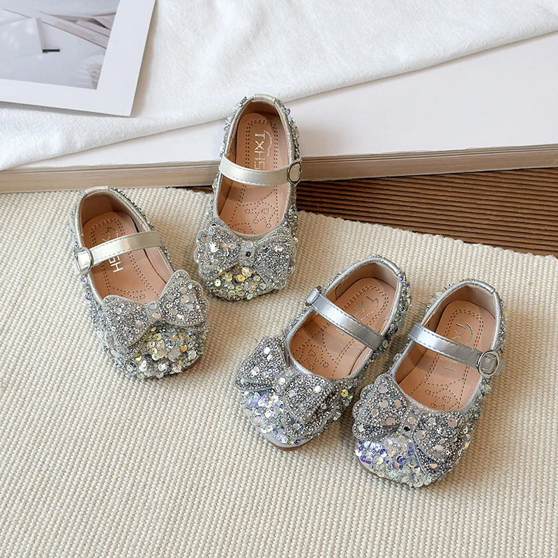 New Children's Dress Flat Shoes Sequins Bow Decor Wedding Party Shoes for Girls Fashion Trend Kids Causal Princess Leather Shoes