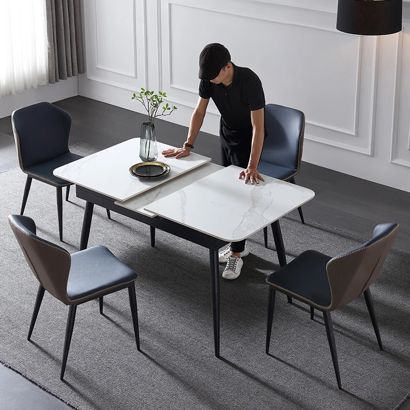 Sintered stone dining table is extendable for small apartments, a minimalist stretchable rectangular dining table for home use
