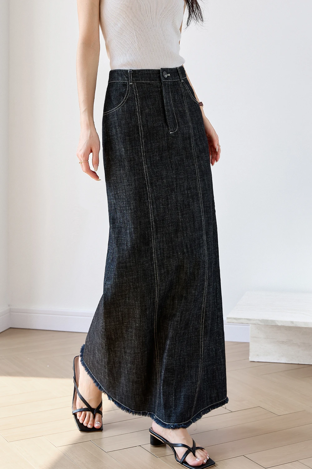VIMLY Women's Simple High Waist Long Versatile Casual Denim Skirt 2025 Summer Commuting A-line Chic Skirt Elegant Party Skirts