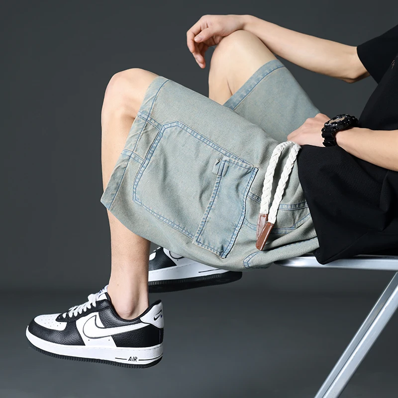 

Summer Thin Men's Denim Shorts Elastic Waist Large Pocket Straight Fashion Cargo Shorts Lyocell Breathable Loose Short Pants