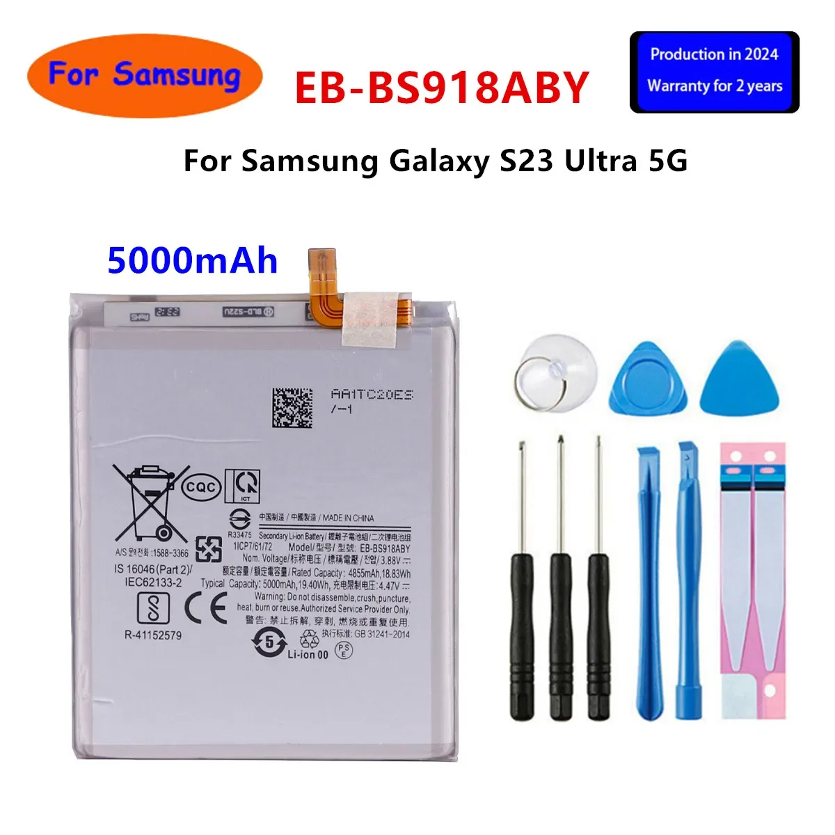 

2024 years New EB-BS918ABY 5000mAh Replacement Battery For Samsung Galaxy S23 Ultra S23Ultra SM-S918 5G Phone Batteries +Tools