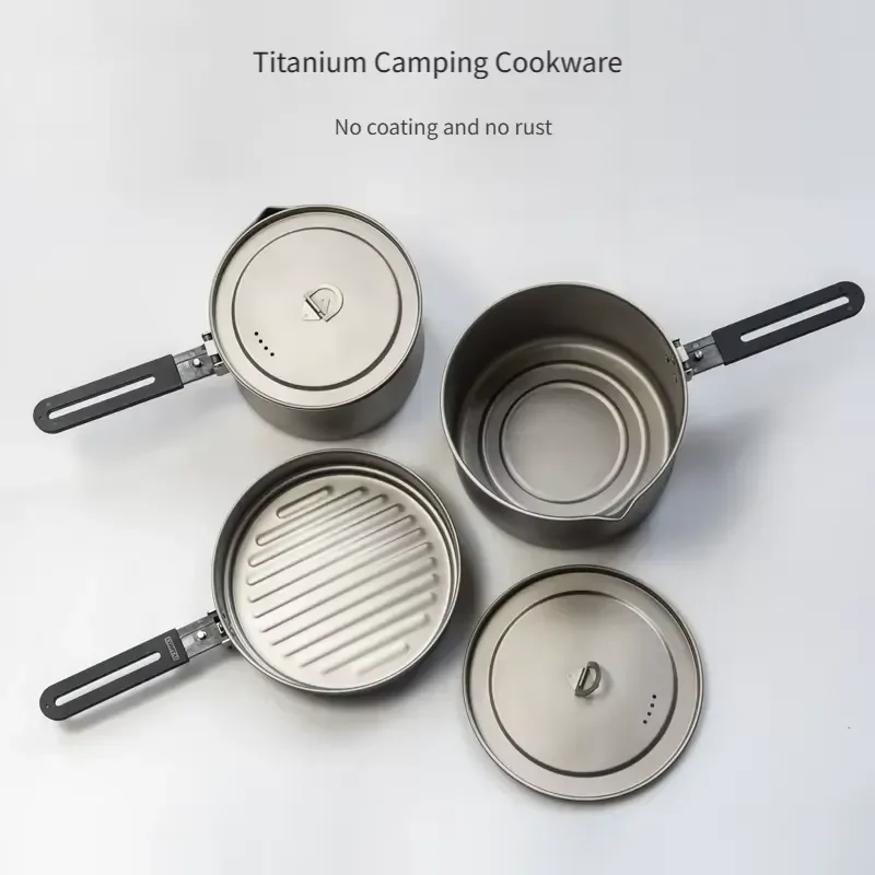 Premium Pure Titanium Foldable Camping Cookware Set Multi-Person Frying Cooking Kit for Outdoor Use Gas Cooker Compatible