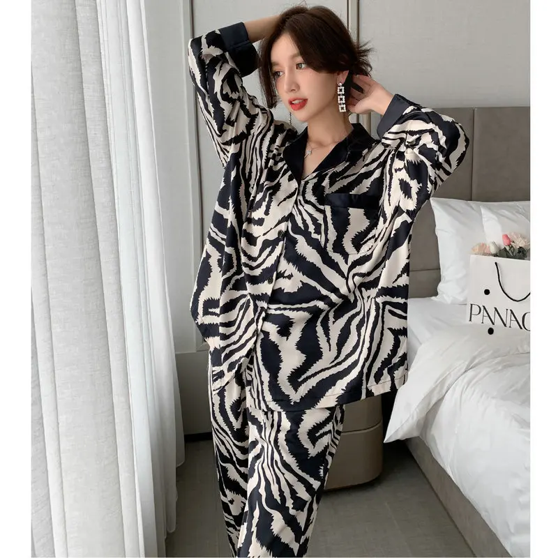 Spring Autumn Women Pajama Sets Faux Silk Satin Pijama Long Sleeve Luxury Lapel Sleepwear Zebra Stripes Pyjamas Female Home Suit