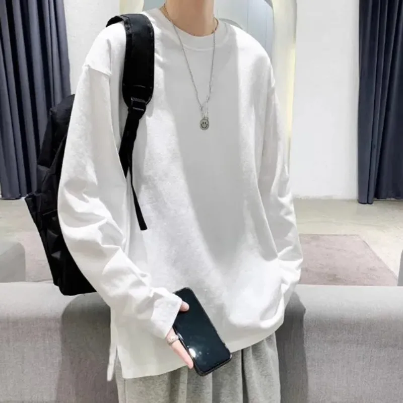 Pure Cotton Spring and Summer Men's Long-sleeved T-shirt with Split Hem Bottoming Shirt with Loose Design and Loose Top