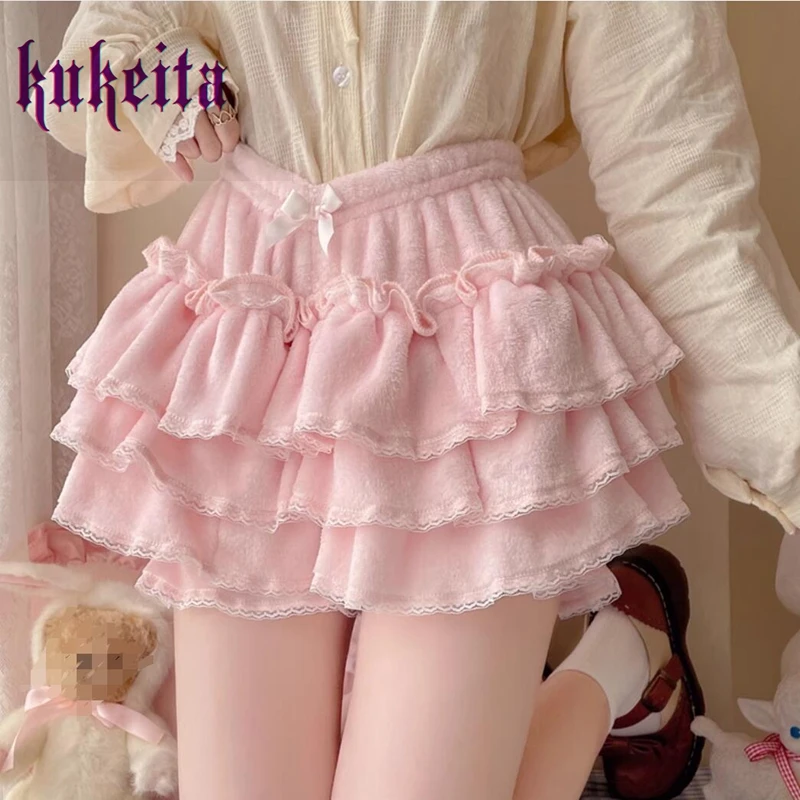 Kukeita Harajuku Japanese Sweet Lolita Safety Shorts Women Y2k Bow JK Bloomers Women Autumn Winter Warm Cute Plush Pumpkin Pants