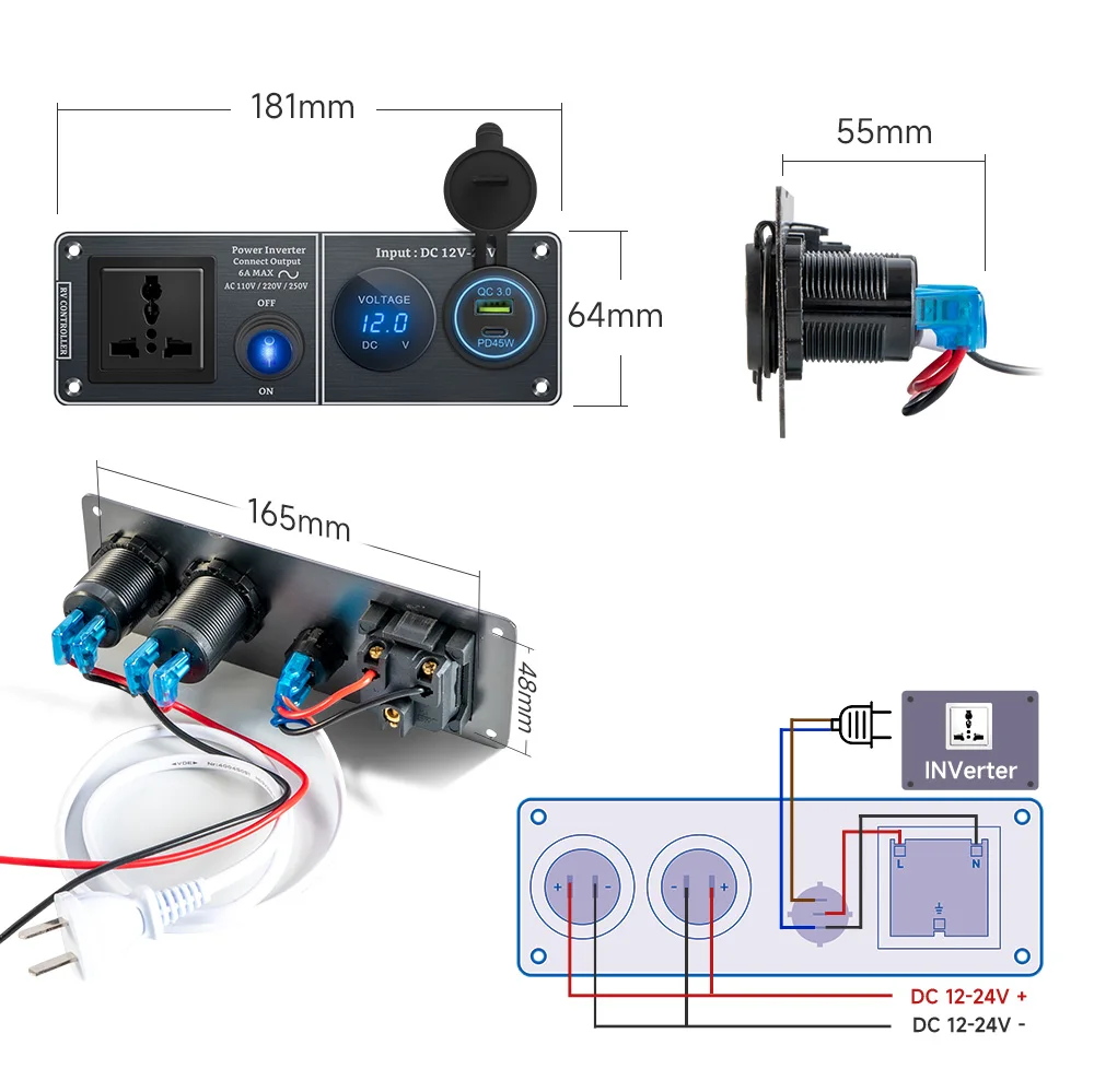 Gerilim Göstergeli Alüminyum Araba Kontrol Paneli / 45W USB PD Hızlı Şarj Cihazı, SUV Kamyon Van Otomatik Modifikasyonu için Evrensel Soket