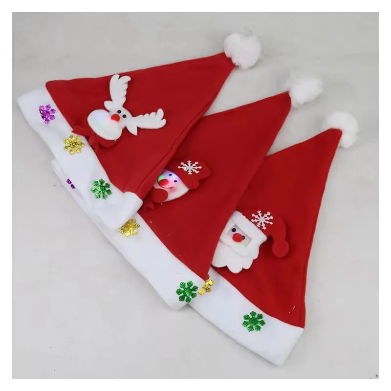 2024 Cute Christmas Hat Kids/Adults Red Non-woven Plush Cap Led Light Santa\'s Hat For Home Office Bar Christmas Party Decoration