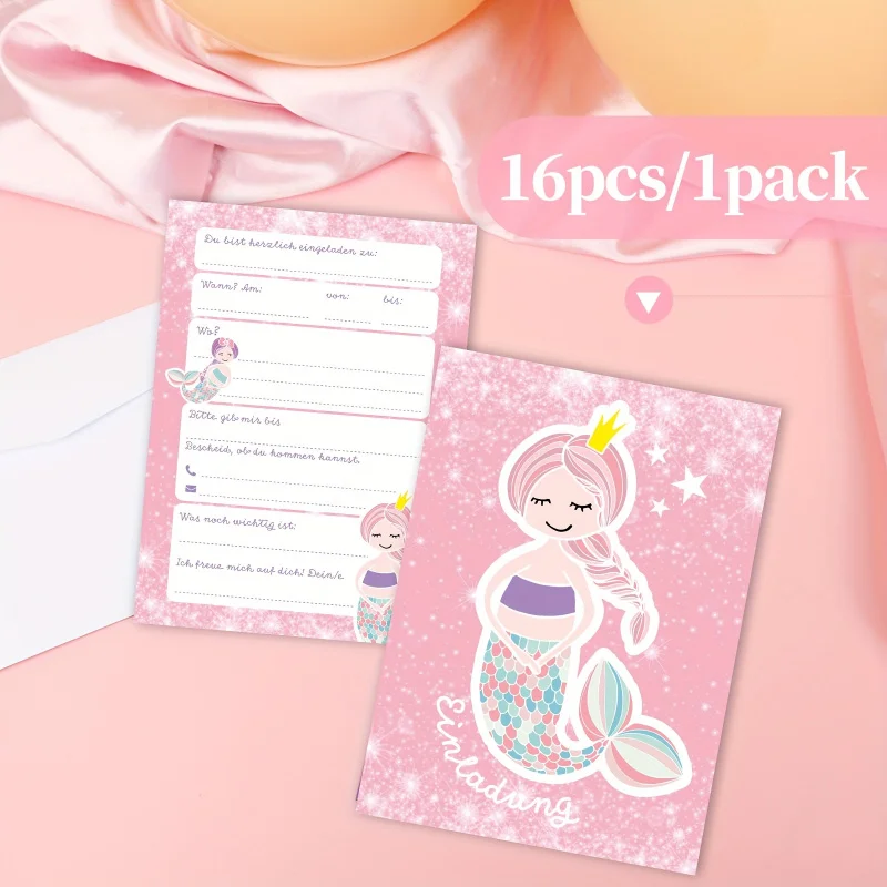 

16er-набор пригласительных билетов на день рождения на тему розовой русалки - креативная пригласительная открытка в виде русалки в немецком стиле,