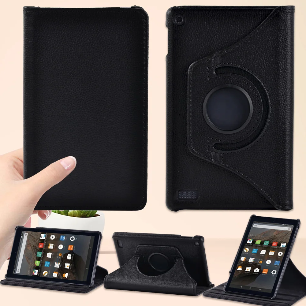 360 Rotating Tablet Case for Fire 7 5th Gen 2015 /7th 2017 /9th 2019 Drop Resistance PU Leather Stand Protective Shell Cover