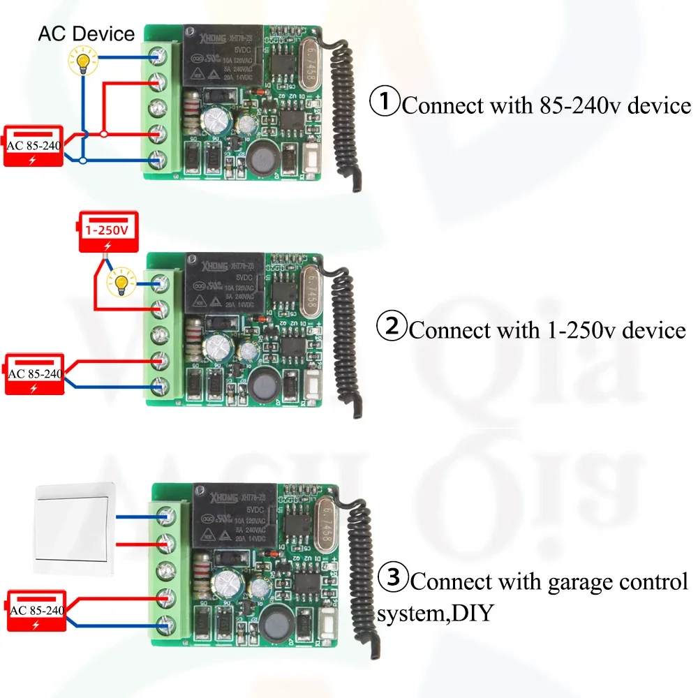 220V Wireless Light Switch 433MHz Dry Contact Remote Control Switch Mini 10A Relay Module Wall Panel for Garage Control/Lock/LED