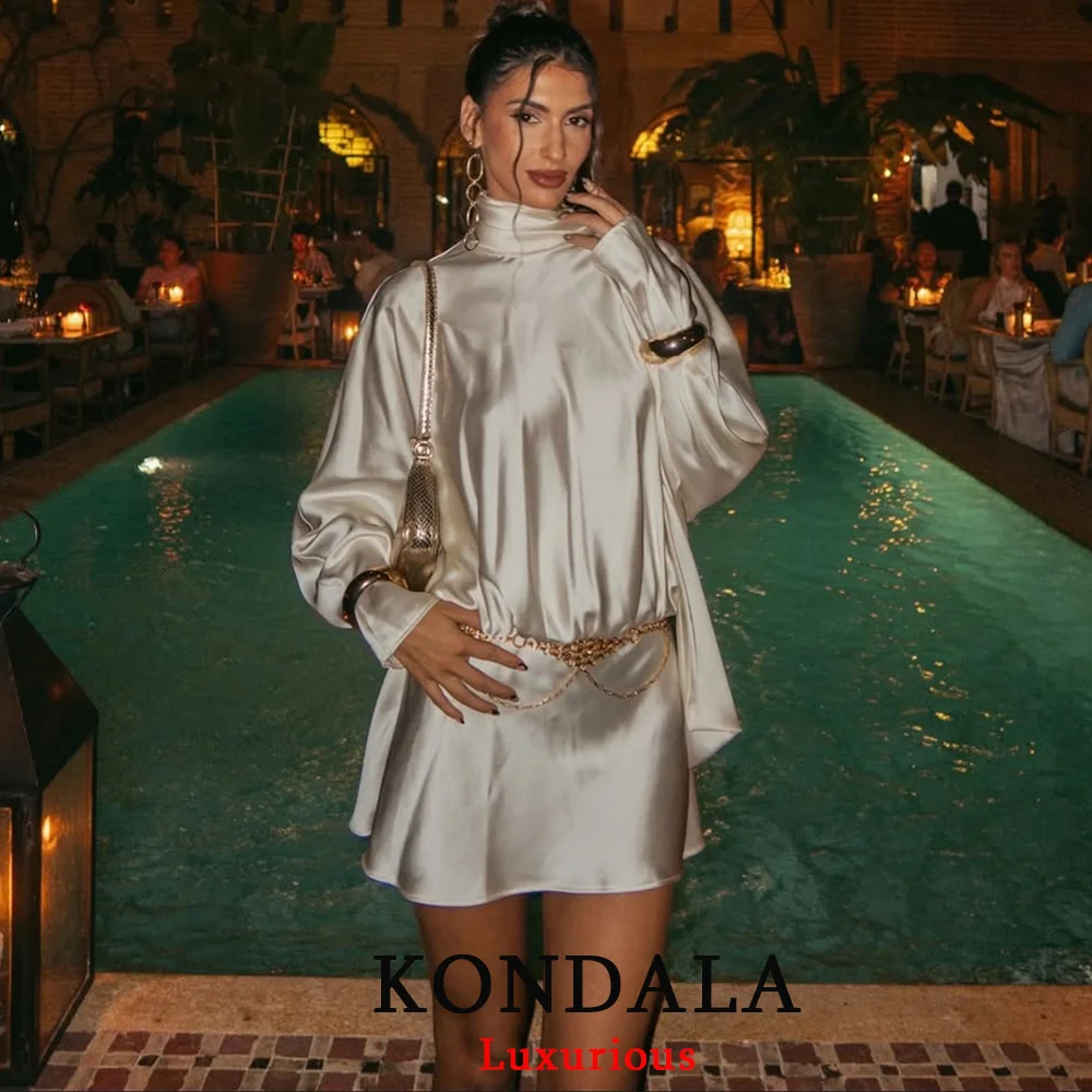 KONDALA elegante vestido de fiesta de satén Beige para mujer, minivestido holgado de manga larga con pajarita, moda 2025, vestido de noche para discoteca para mujer