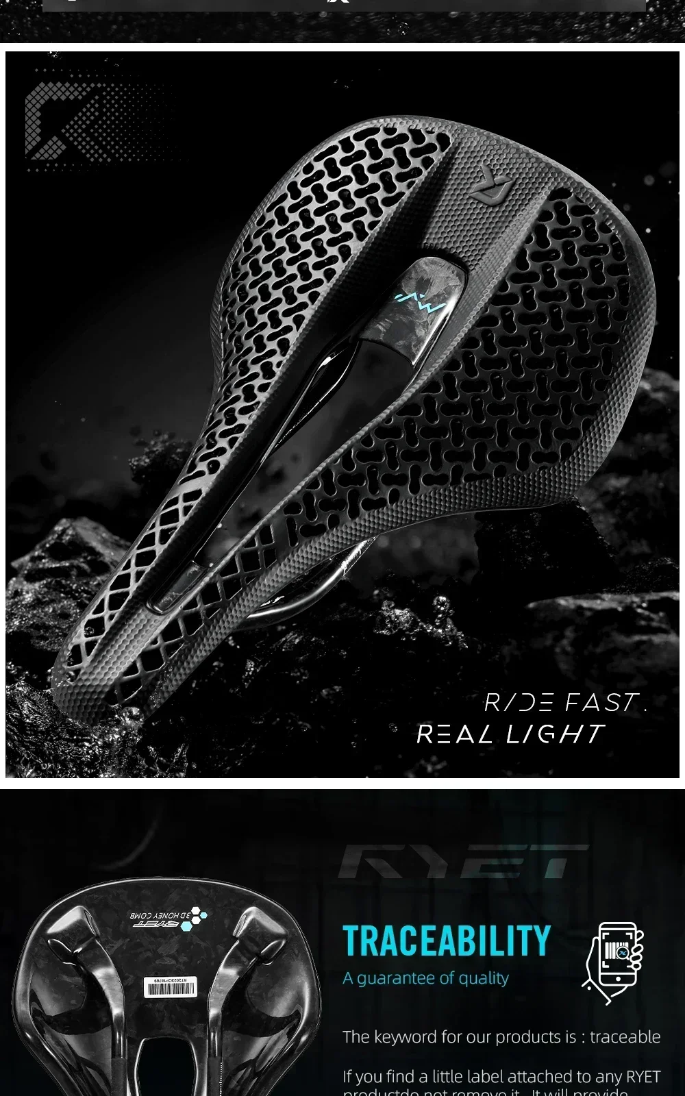 RYET X21 Vollcarbon-Fahrradsattel, 3D-gedruckt, 120-175g, ultraleichter, hochelastischer Schaumstoff, 7x9mm Schienen, Ausschnitt 240x140mm, für Rennrad, MTB, Gravel – Detail 2