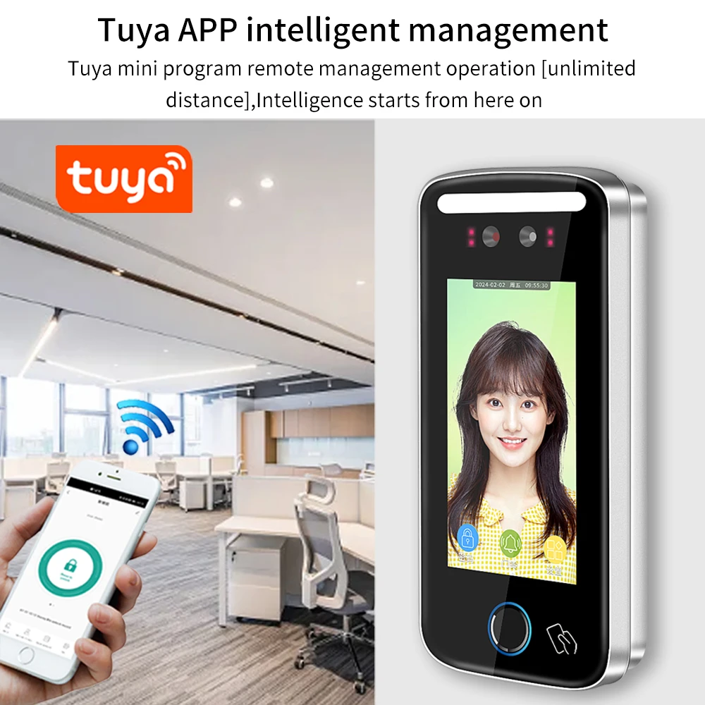 Tuya App Wifi AI Dynamic Face Recognition Reader Attendance Terminal 5000face TCP IP 5-inch Screen 125KHz IP54 Waterproof Zinc