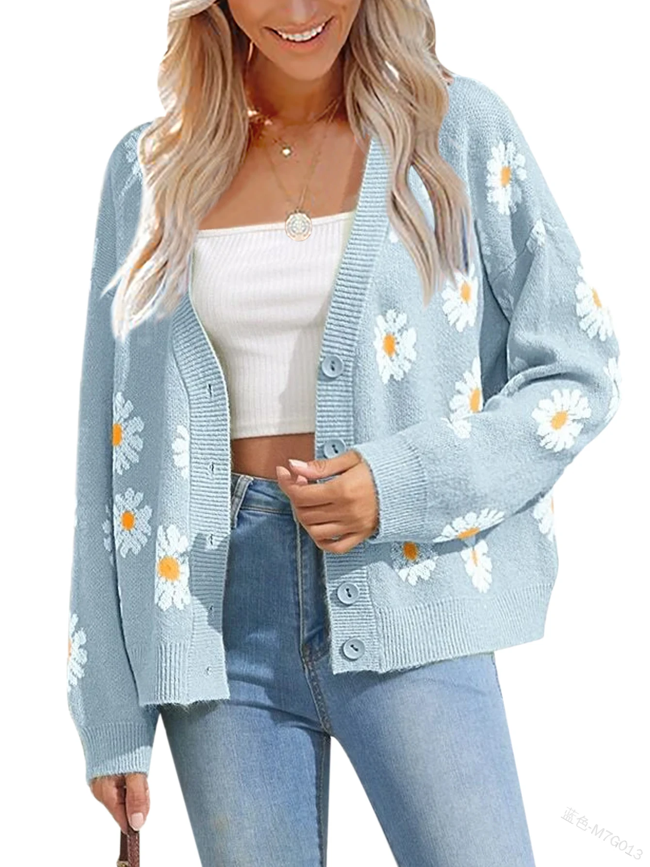 Women's Floral Print Cardigan Long Sleeve Open Front Button Down V Neck Knitted Sweaters Autumn Fashion Cardigan Coats Outerwear