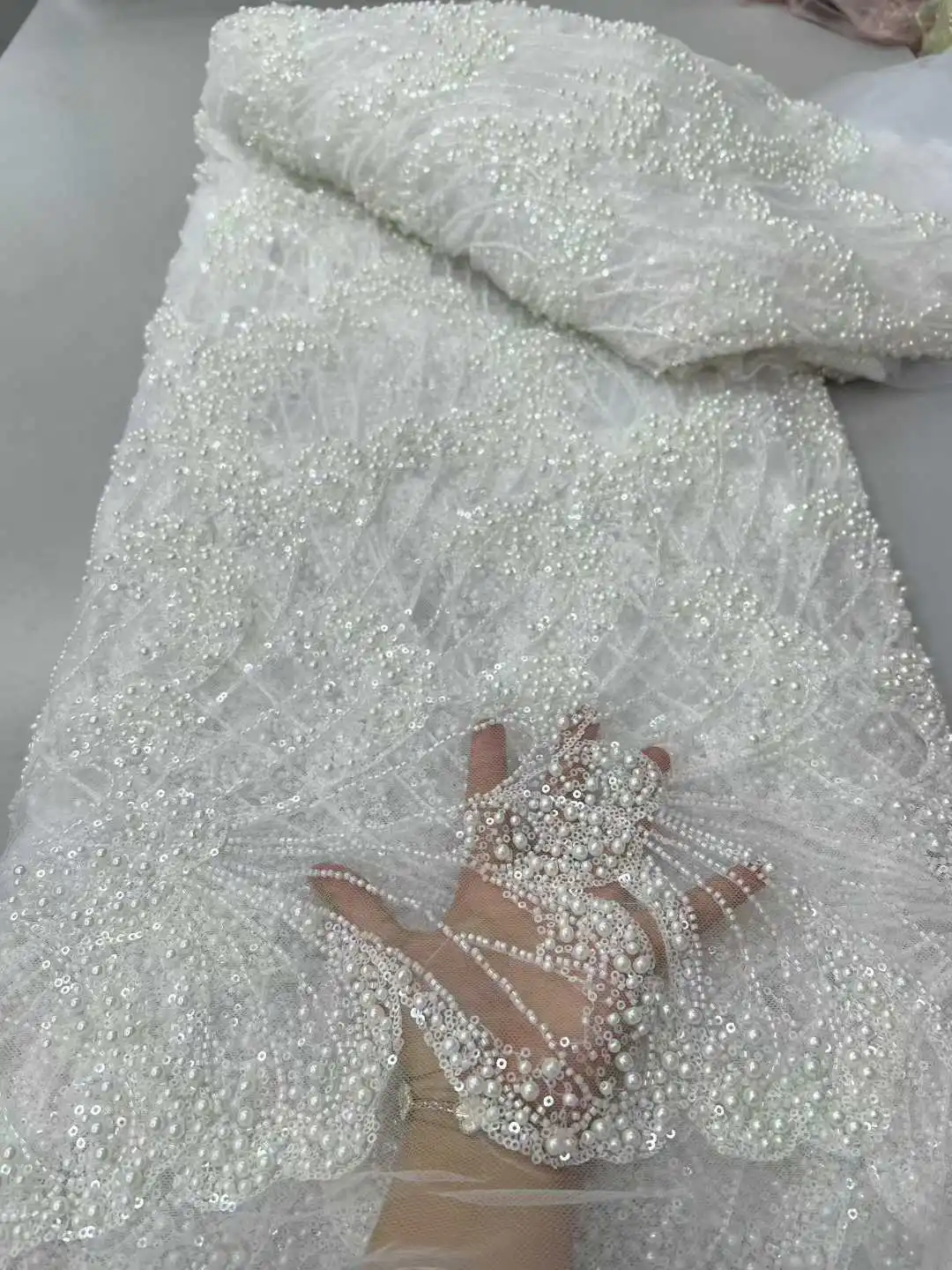 

2025 New Heavy Pearls Tulle Mesh Fabric Wedding Dress Fabric French High Quality Beadings Fabric Nigerian African Lace Fabric