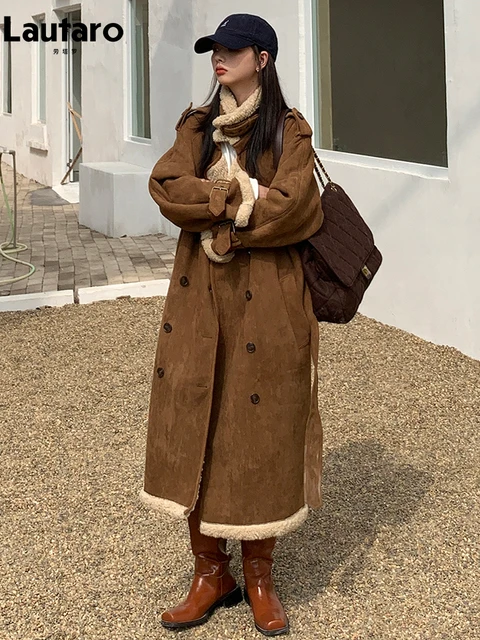 Lautaro Oversized Faux Sheepskin Trench Coat for Women Long Brown Overcoat with Belt Double