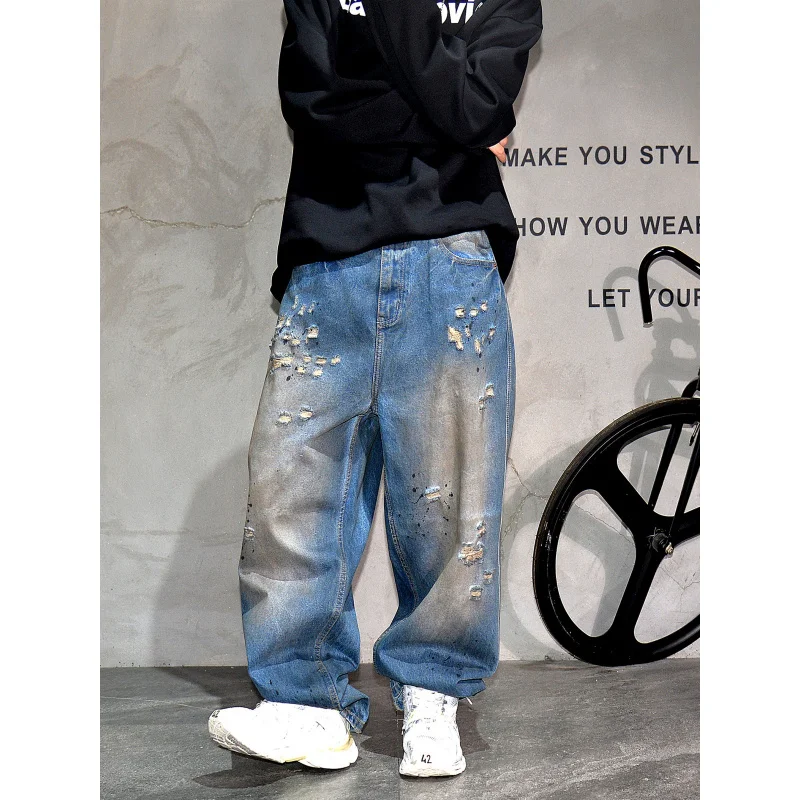 

Мужские джинсы Vibe High Street с эффектом грязной стирки, с брызгами краски, рваные, широкие, американские винтажные свободные прямые джинсовые брюки