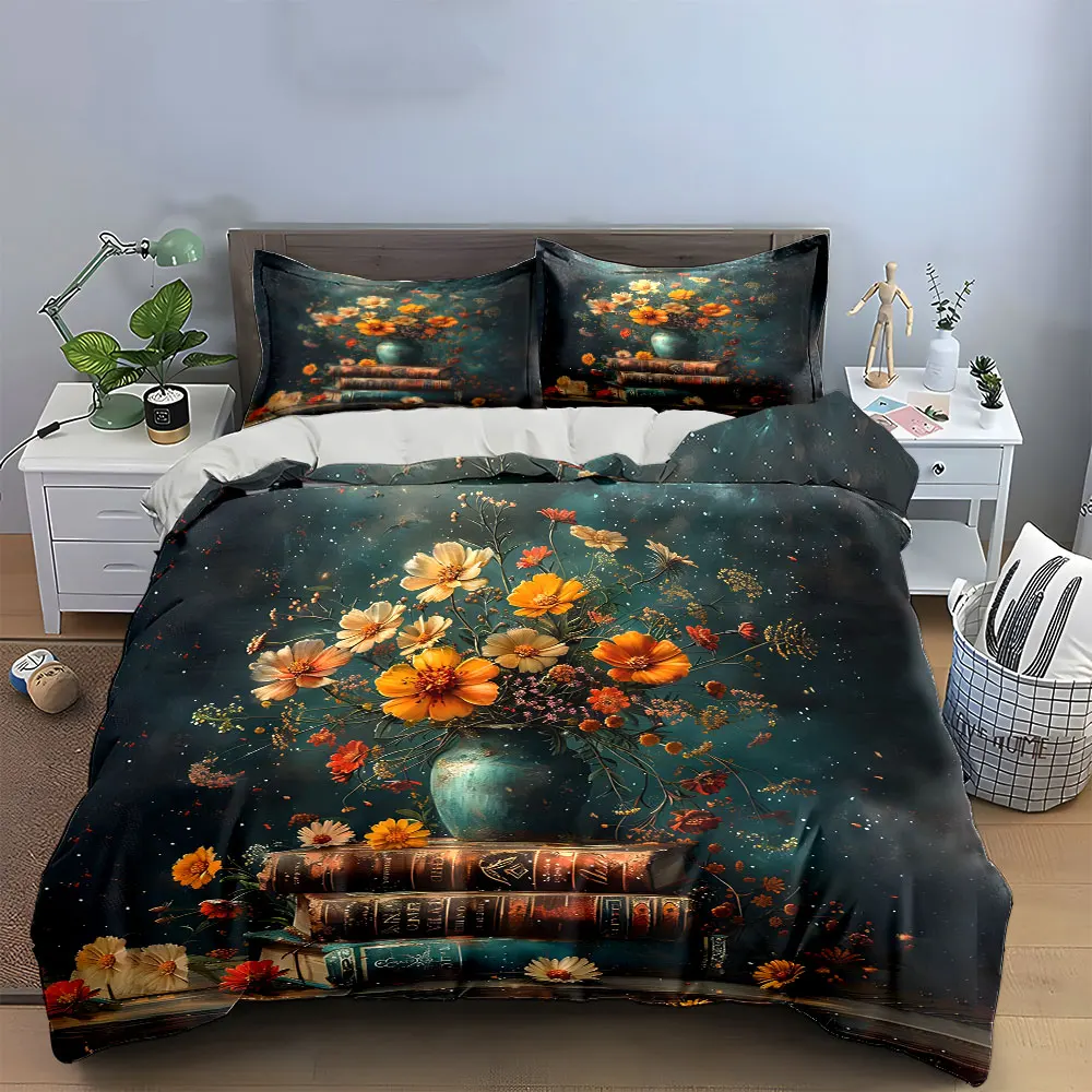 Floral Vase and Antique Books Decor Exquisite three-piece bedding set gift for kids and adults