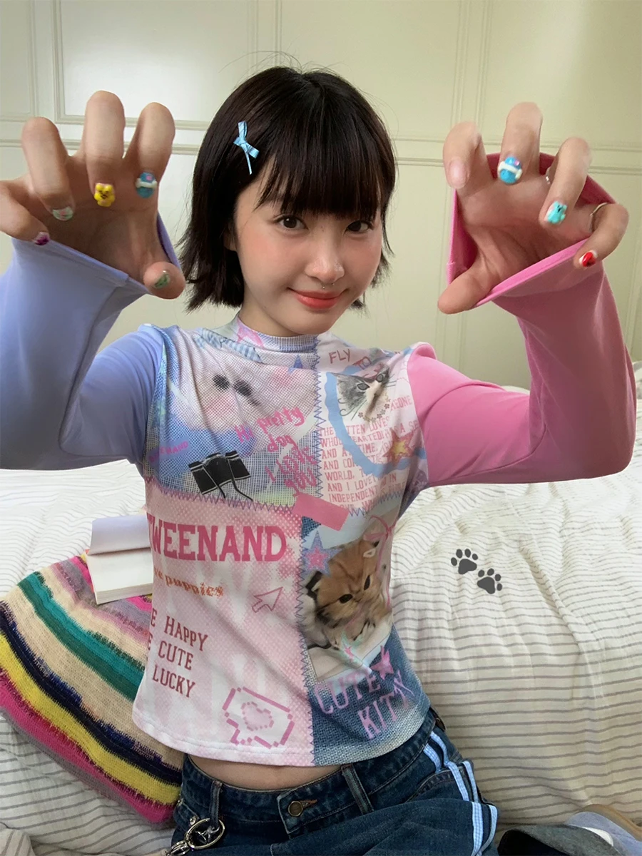 

BENAND Y2K Dry Sweet Cool Long Sve женская облегающая футболка цветная бровая собака с принтом хлопок креативный дизайн круглый Ne