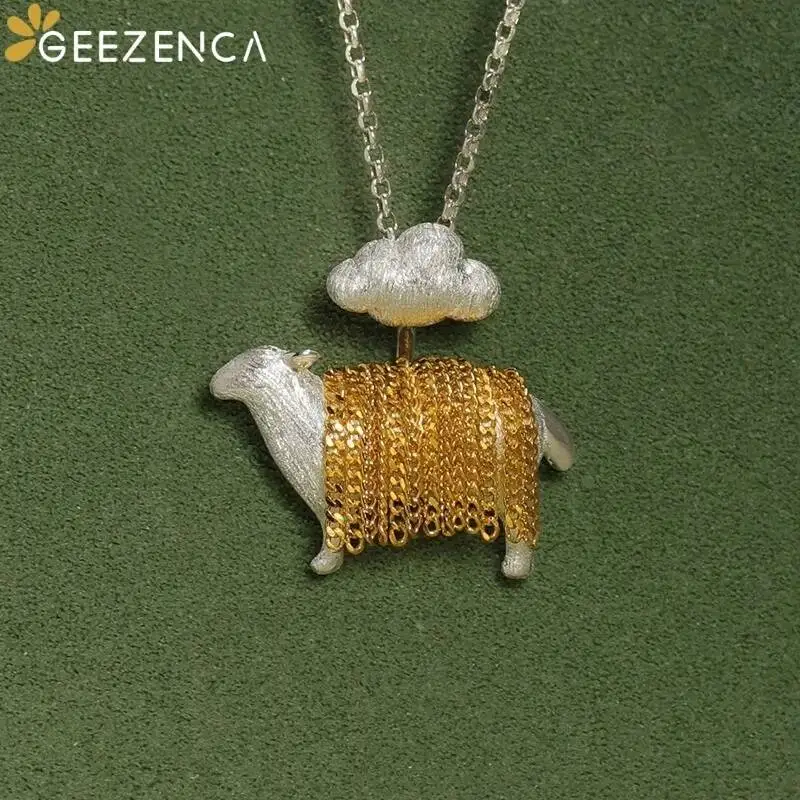 GEEZENCA 925 Sterling Silver Two Toned 3D Sheep Necklace Pendant Women Cute Animal Unique Dainty Gift Pendants Without Chain