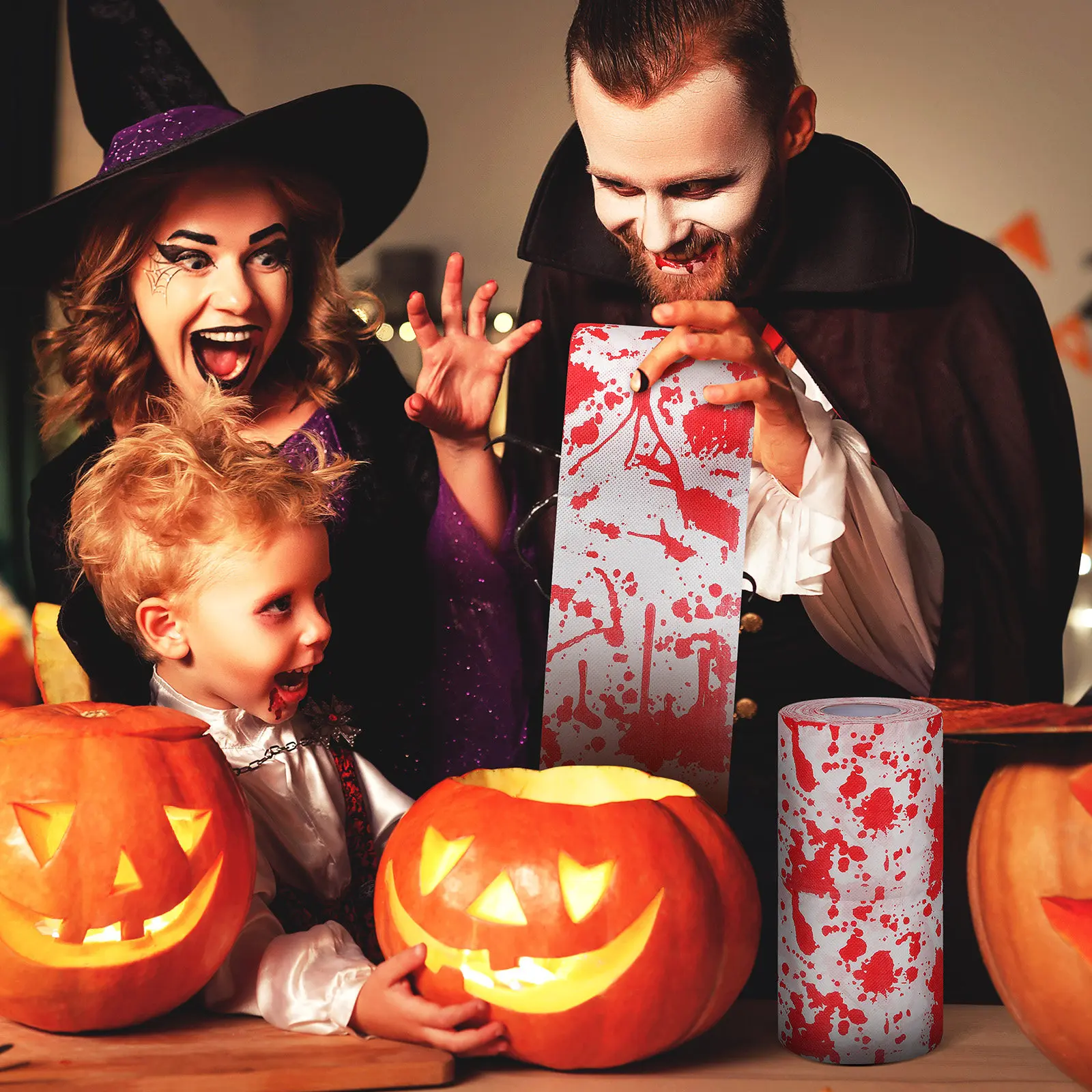 3 Rolki Papieru Toaletowego z Motywem Halloween, Papierowe Ręczniki do Łazienki, Horror, Krwawe, Rekwizyty do Psikusów, Prezenty na Halloween, Gadżety