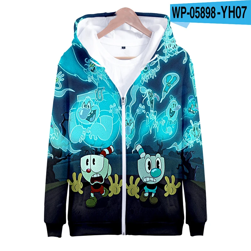 Hoodies Anime Anime Game Cuphead Mugman 3D Print Zipper Sweatshirts Boys Girls Sweatshirts Children's Fashion Oversize Hoodie