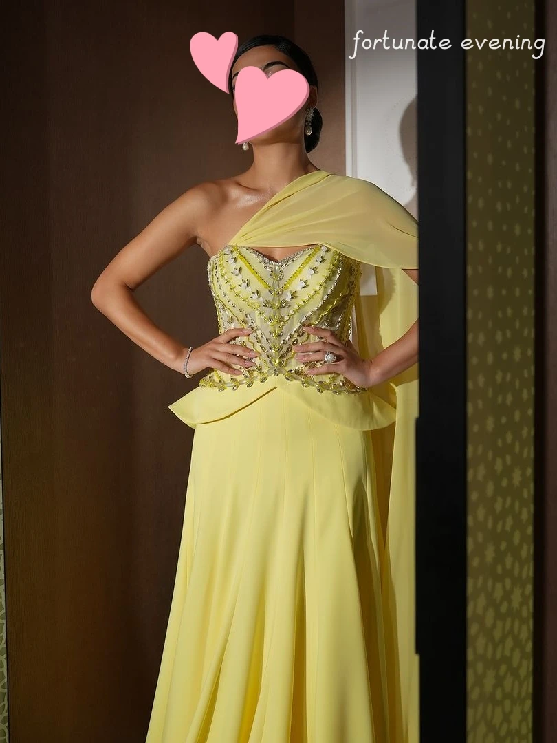 Fortunate Evening Elegant Vintage Sweet Sexy Yellow Crystal Beading Ruffle Summer Formal Occasion Prom Dress Evening Party Gowns