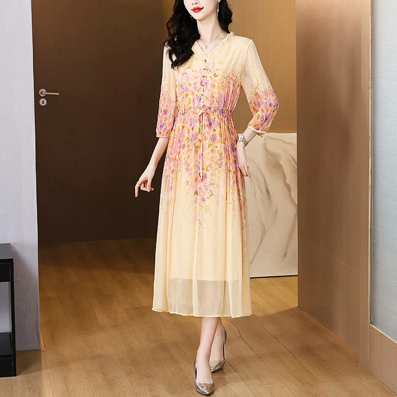 2025, Frühlingsurlaub, Boho, Strandurlaub, Maxi-Kleid für Damen, Vintage-Druck, eleganter Abend, Abschlussball, Sommer, luxuriöses Seiden-Midikleid