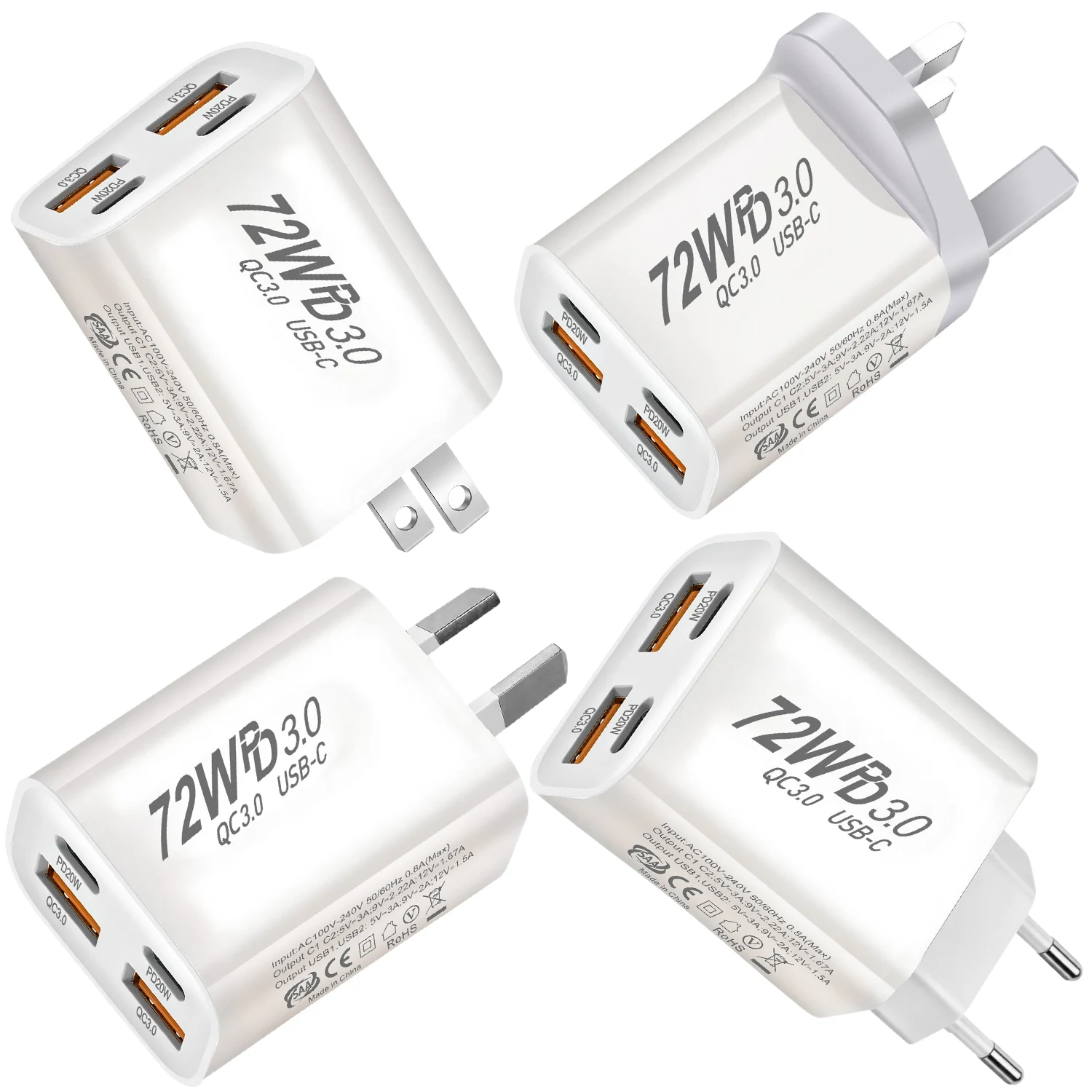 72W GaN USB C Charger 4-Port Fast Charging Phone Charger Power Adapter For iPhone Samsung Xiaomi Redmi Type C Wall Charger