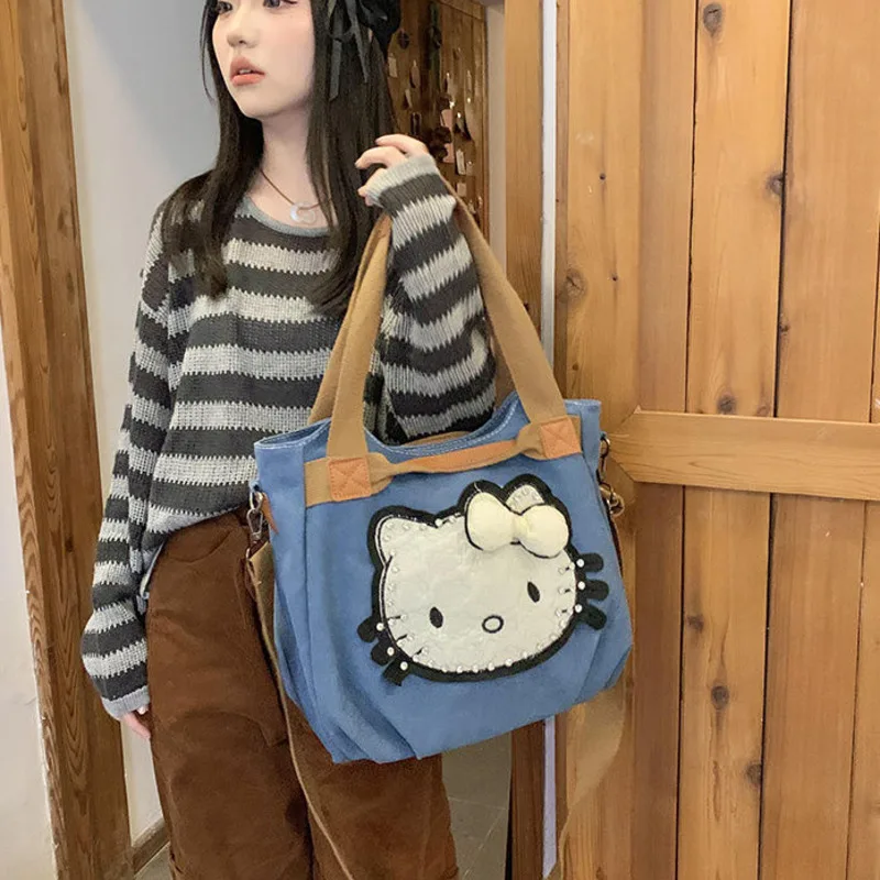 Hello Kitty Kawaii Vintage Canvas Bag New Fashion Large Capacity Millennium Y2K Girl Handbag Korean Style Shoulder Crossbody Bag